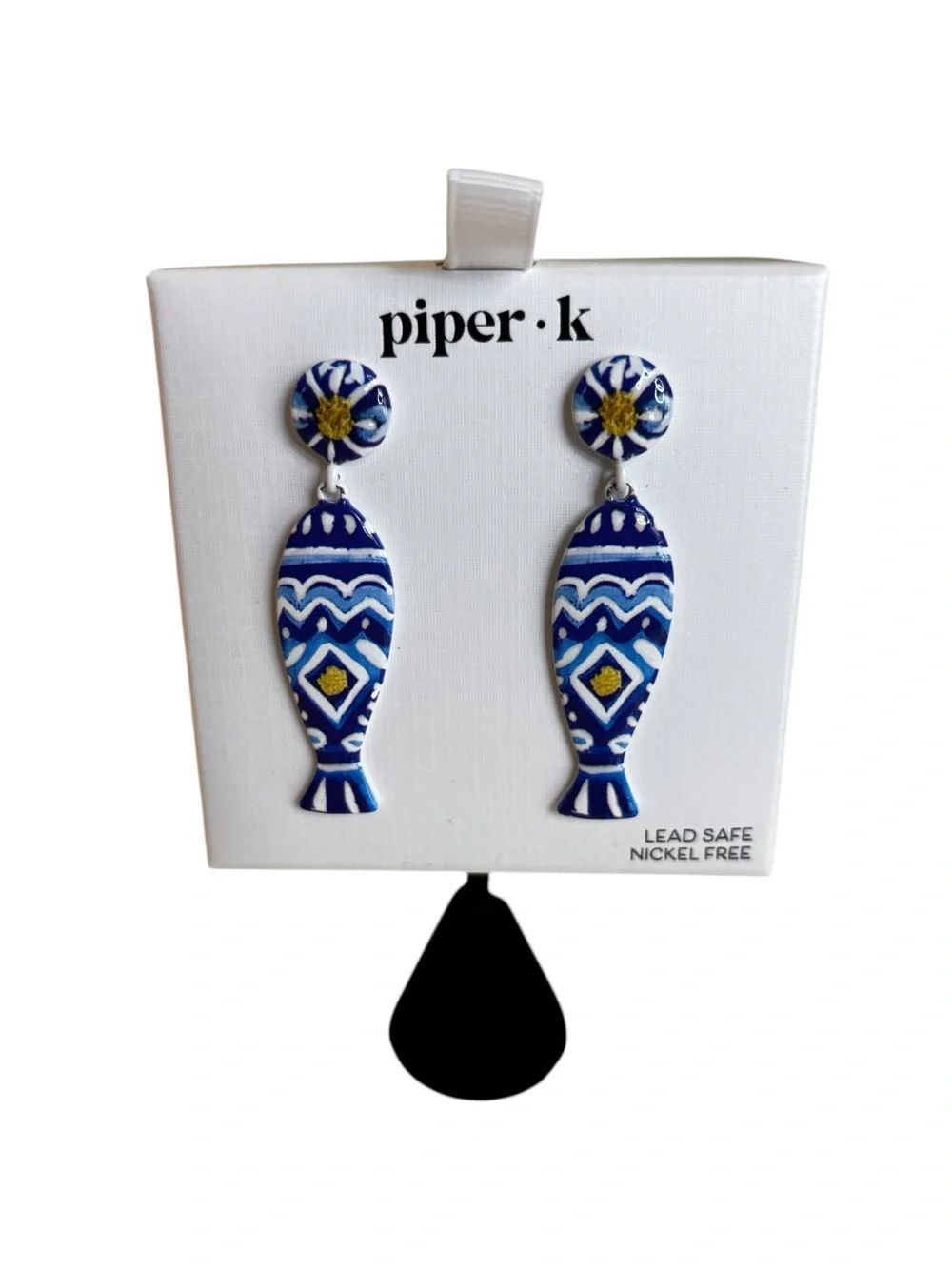 Blue, White & Yellow Sardine Drop Earrings In Mediterranean Tile Style Design.